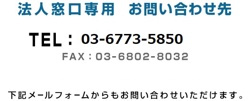 法人窓口専用 お問い合わせ先 TEL:03-6773-5850 FAX:03-6802-8032 下記メールフォームからもお問い合わせいただけます。